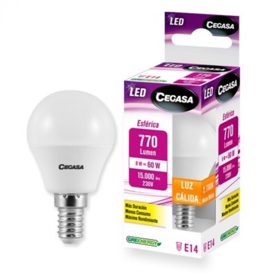 BOMBILLA LED ESFÉRICA E14 8W CÁLIDA 2700K 770LM CEGASA