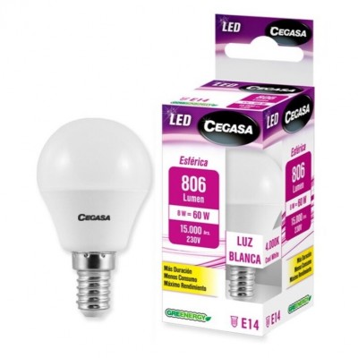 BOMBILLA LED ESFÉRICA E14 8W BLANCA 4000K 806LM CEGASA