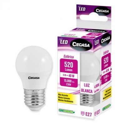 BOMBILLA LED ESFÉRICA E27 5W BLANCA 4000K 520LM CEGASA