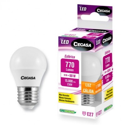 BOMBILLA LED ESFÉRICA E27 8W CÁLIDA 2700K 770LM CEGASA