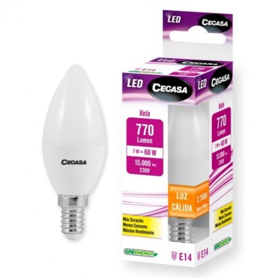 BOMBILLA LED VELA E14 7W CÁLIDA 2700K 770LM CEGASA
