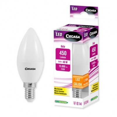 BOMBILLA LED VELA E14 5W CÁLIDA 2700K 450LM CEGASA