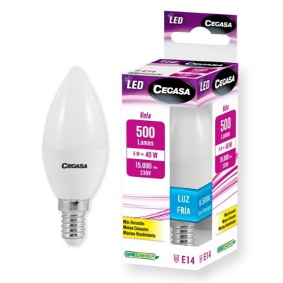 BOMBILLA LED VELA E14 5W BLANCA 4000K 500LM CEGASA