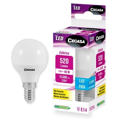BOMBILLA LED ESFÉRICA E14 5W FRÍA 6500K 520LM CEGASA