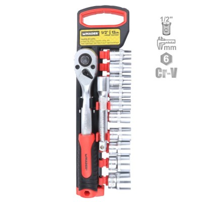 JUEGO LLAVES VASO 1/2" + CARRACA 72T 12 PIEZAS MADER