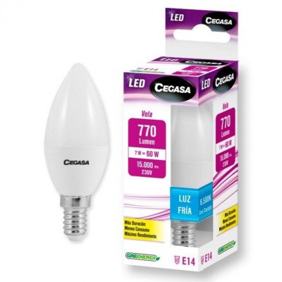 BOMBILLA LED VELA E14 7W FRÍA 6500K 770LM CEGASA