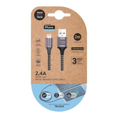 CABLE CARGADOR USB-IPHONE 2.4A 40MB/s 2M NYLON GRIS TEC2022