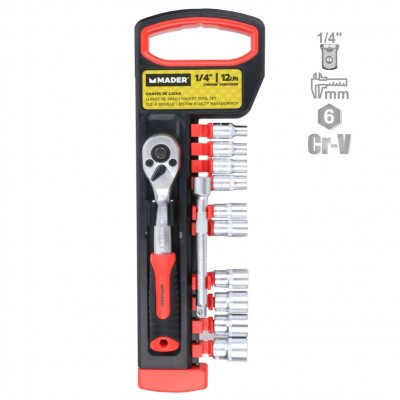 JUEGO LLAVES VASO 1/4" + CARRACA 72T 12 PIEZAS MADER