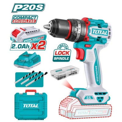 TALADRO PERCUTOR BRUSHLESS 20V 2 BATERÍAS 2AH TOTAL TIDLI20558