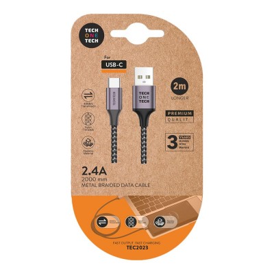 CABLE CARGADOR USB-C 2.4A 2M NYLON GRIS TEC2023