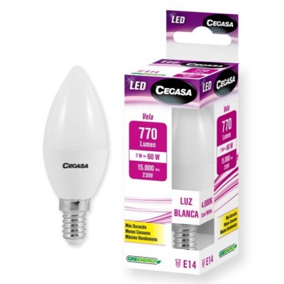 BOMBILLA LED VELA E14 7W BLANCA 4000K 770LM CEGASA