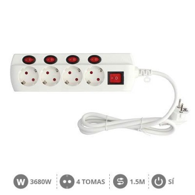BASE MÚLTIPLE 4 TOMAS MULTI INTERRUPTOR CABLE 1,5M BLANCO GARSACO