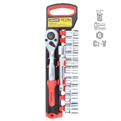 JUEGO LLAVES VASO 1/2" + CARRACA 72T 12 PIEZAS MADER