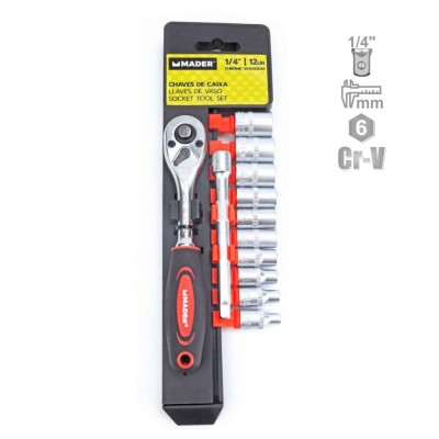 JUEGO LLAVES VASO 1/4" + CARRACA 72T 12 PIEZAS MADER