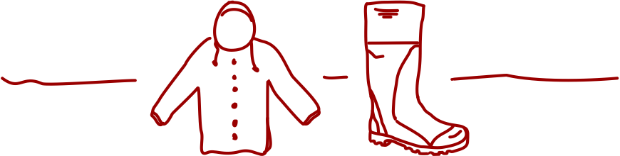 Vestuario, ropa de agua. Trajes y botas de agua.